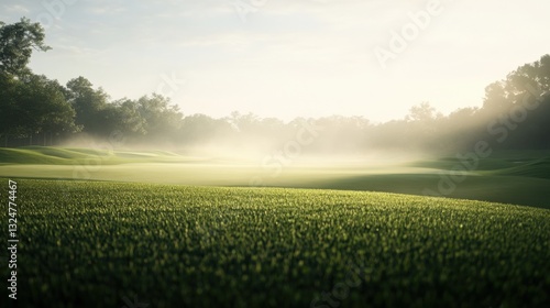 Misty sunrise over a lush green golf course.