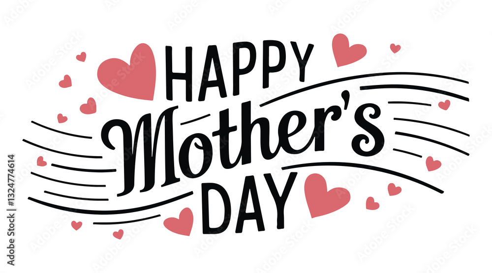 Fototapeta premium elegant mother's day greeting with pink hearts and flowing typography, perfect for celebrating the special bond between mothers and children. ideal for social media, e-cards, posters, and print design