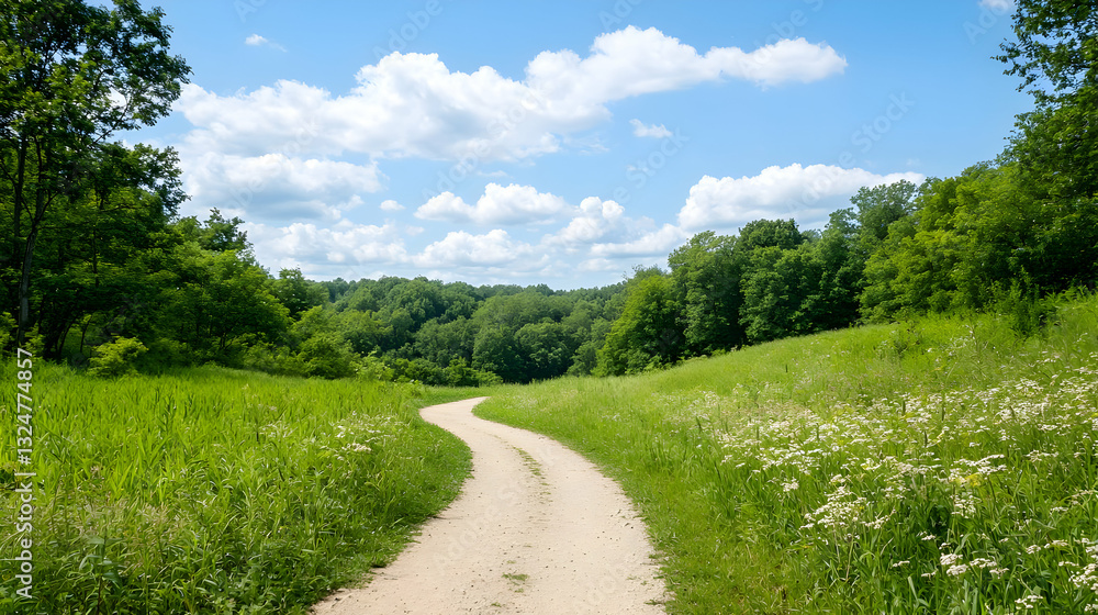Naklejka premium Winding Dirt Path Through Lush Green Meadow Leading To Forest Under Bright Blue Sky with White Clouds