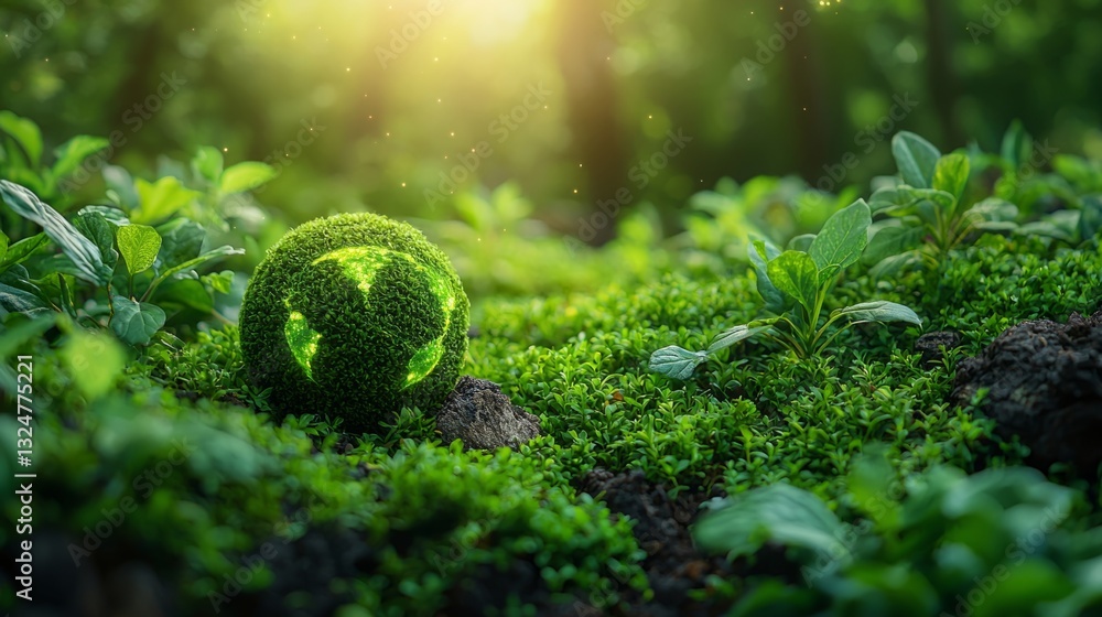 A lush green forest with a glowing Earth symbol, representing sustainability A lush green forest with a glowing Earth symbol, representing sustainability