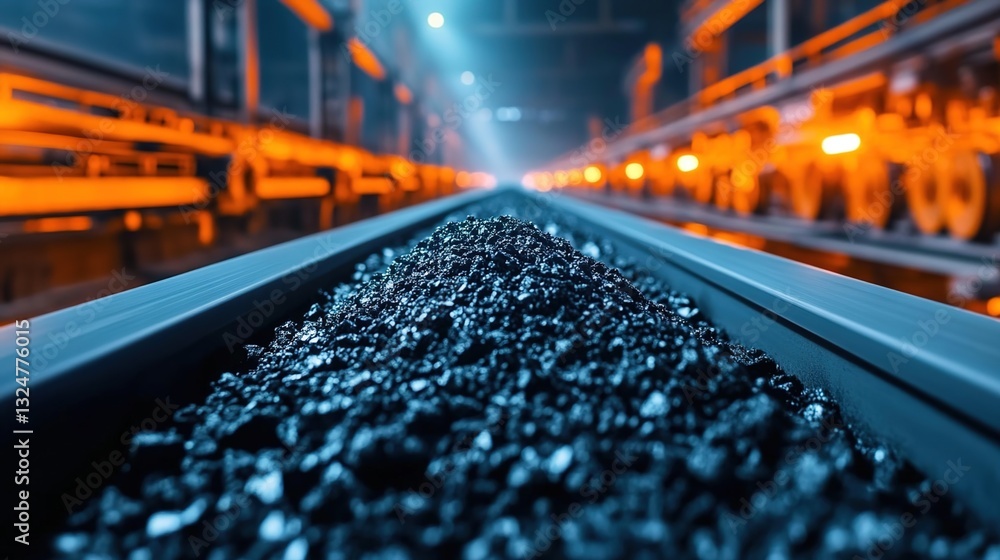 Fototapeta premium Close-up of coal on the conveyor belt at a factory for workers in the industry and industrial mining using a transportation system