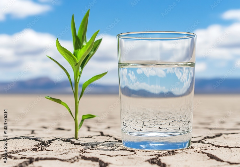 A glass of water on cracked earth, with green plants growing in the background under a blue sky and white clouds. A glass of water on cracked earth, with green plants growing in the background under a blue sky and white clouds.