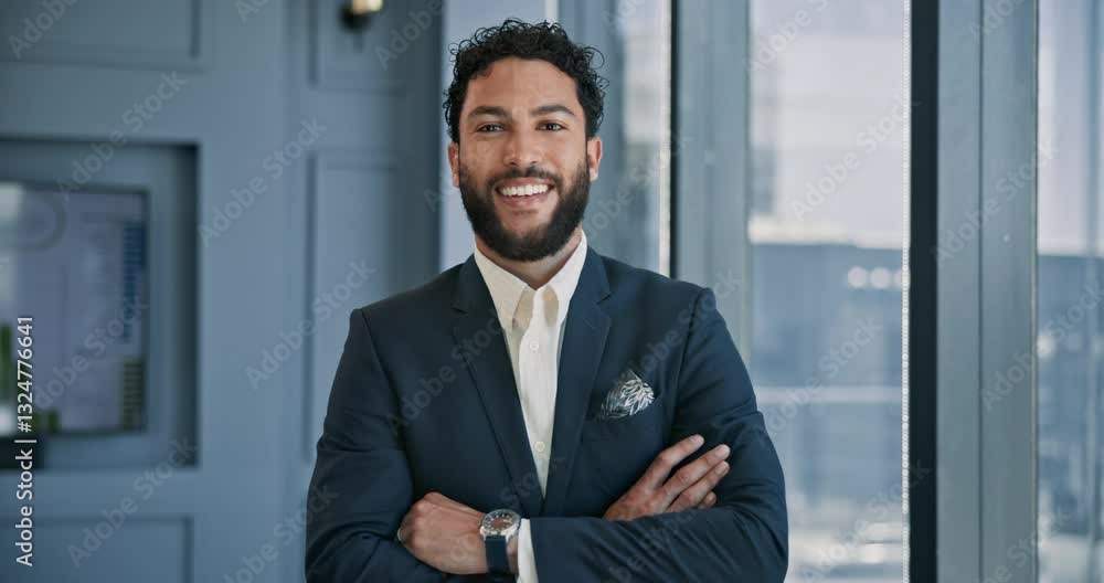 Crossed arms, smile and face of businessman in office with confidence for finance career. Professional, portrait and male financial manager from Brazil with pride for company investment turnover. Crossed arms, smile and face of businessman in office with confidence for finance career. Professional, portrait and male financial manager from Brazil with pride for company investment turnover.