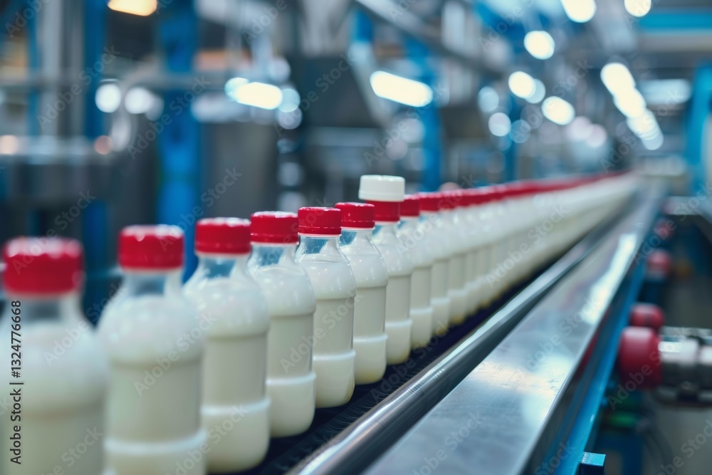 Fototapeta premium Bottles of Milk on a Conveyor Belt in a Factory
