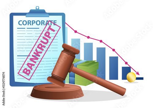 Corporate bankruptcy declared by the court, featuring a document stamped BANKRUPT, a gavel, a declining chart, and money. Represents financial crisis, business failure, debt, and liquidation