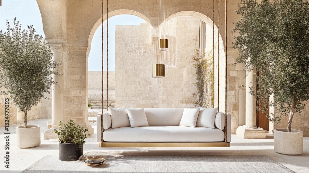 Fototapeta premium Metal swing with leather cushions complements indoor greenery and sunlight, creating a serene outdoor relaxation area