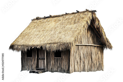 Obraz na płótnie A rustic, thatched-roof cottage surrounded by nature in a tranquil countryside setting isolated on transparent background w salonie