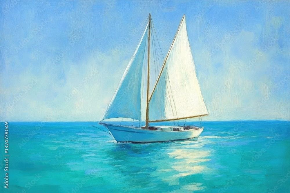 Fototapeta premium A sailboat glides gracefully across a tranquil turquoise sea under a bright, clear sky.