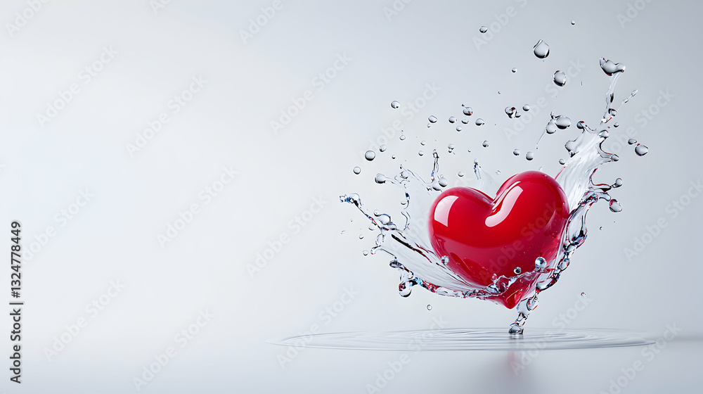 Red Heart Splashing into Water: 3D Render of a Shiny Heart in a White Background Red Heart Splashing into Water: 3D Render of a Shiny Heart in a White Background