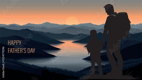 Father and son stand together at sunset, bonding over shared journey. Through bonding, love between generations grows stronger. Bonding and Father's Day celebration concept