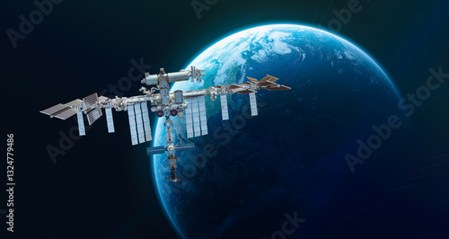 Fototapeta Naklejka Na Ścianę i Meble -  International space station in outer space. ISS on orbit of Earth planet. Space sci-fi collage with satellite and spaceship. Astronauts on orbit. Elements of this image furnished by NASA