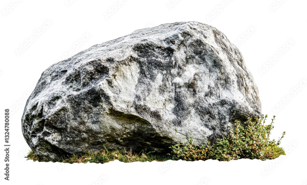 Fototapeta premium Large natural boulder with green foliage, cut out