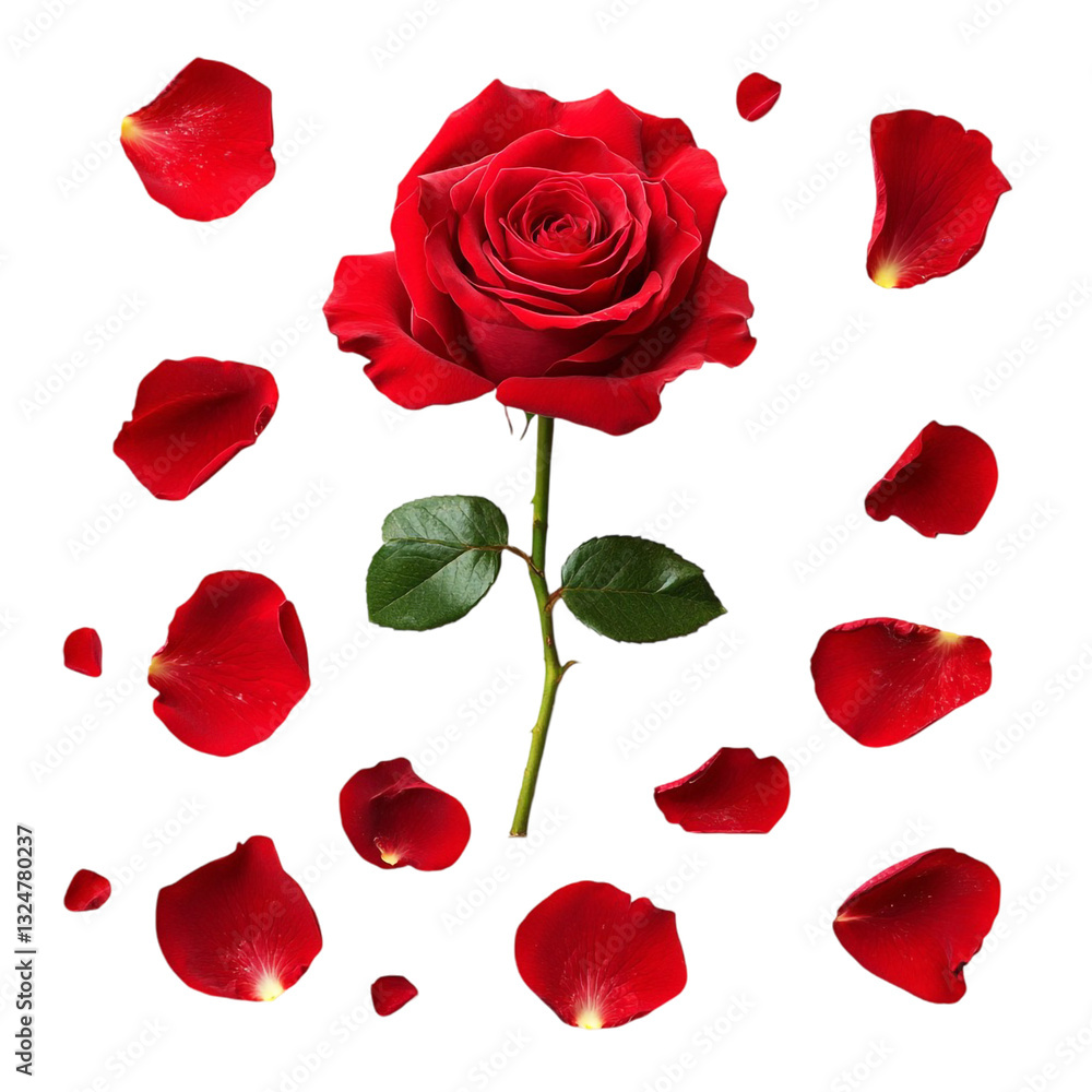 A single red rose with falling petals romantic and passionate A single red rose with falling petals romantic and passionate