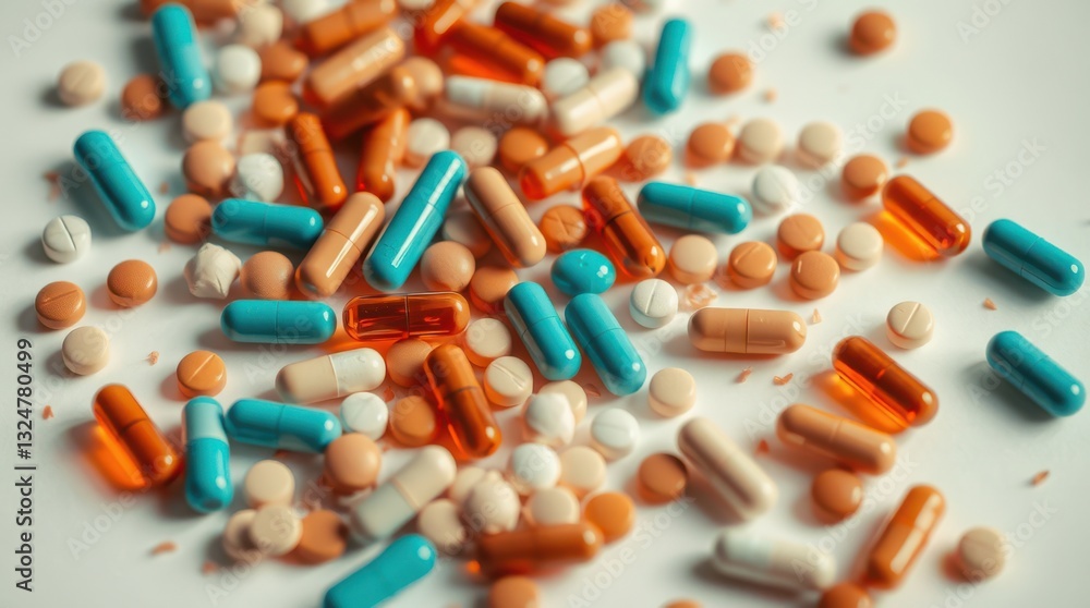 Pills and Capsules: Assorted medicine lying on a white surface, assorted colors and shapes, close-up. Pills and Capsules: Assorted medicine lying on a white surface, assorted colors and shapes, close-up.