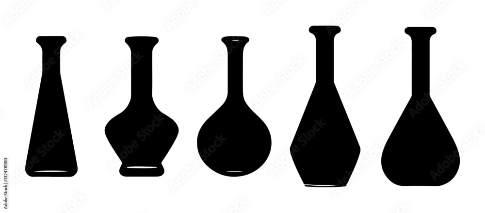 set of five conical flasks, each varying slightly in proportions. The flasks are all shown as black silhouettes, with distinct neck lengths and bases of different widths set of five conical flasks, each varying slightly in proportions. The flasks are all shown as black silhouettes, with distinct neck lengths and bases of different widths