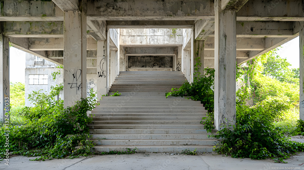 Abandoned Concrete Building With Staircase And Greenery Underneath Sunlight With Geometric Pattern Abandoned Concrete Building With Staircase And Greenery Underneath Sunlight With Geometric Pattern