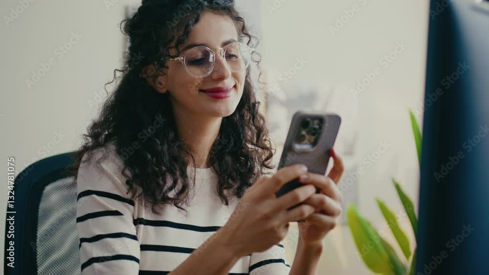 Side camera view of Caucasian girl with curly dark hair sitting in cozy office and holding smartphone. Resting chin on fingers while smiling slightly. Browsing messages or checking notifications. Side camera view of Caucasian girl with curly dark hair sitting in cozy office and holding smartphone. Resting chin on fingers while smiling slightly. Browsing messages or checking notifications.