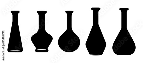 set of five conical flasks, each varying slightly in proportions. The flasks are all shown as black silhouettes, with distinct neck lengths and bases of different widths