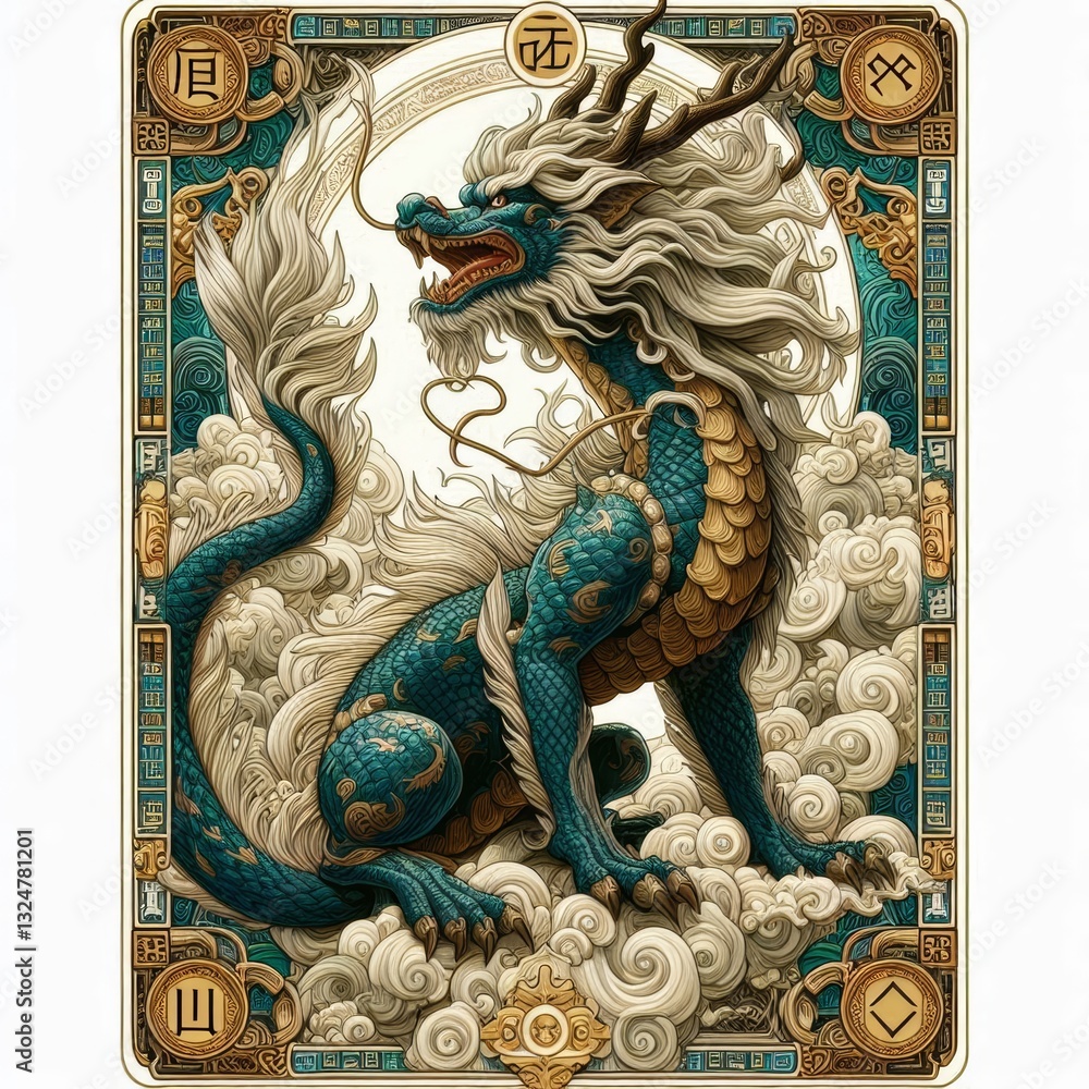 Obraz premium Celestial Qilin Portrait within an Ornate Asian-Inspired Card Design