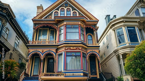 Colorful victorian houses under blue sky in a row