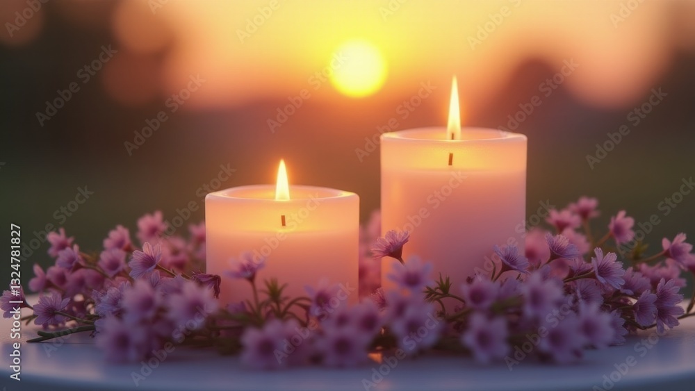 A close-up shot of two glowing candles, their flames casting a soft light on the surrounding purple blossoms and foliage, ideal for home and interior decorative lighting. A close-up shot of two glowing candles, their flames casting a soft light on the surrounding purple blossoms and foliage, ideal for home and interior decorative lighting.