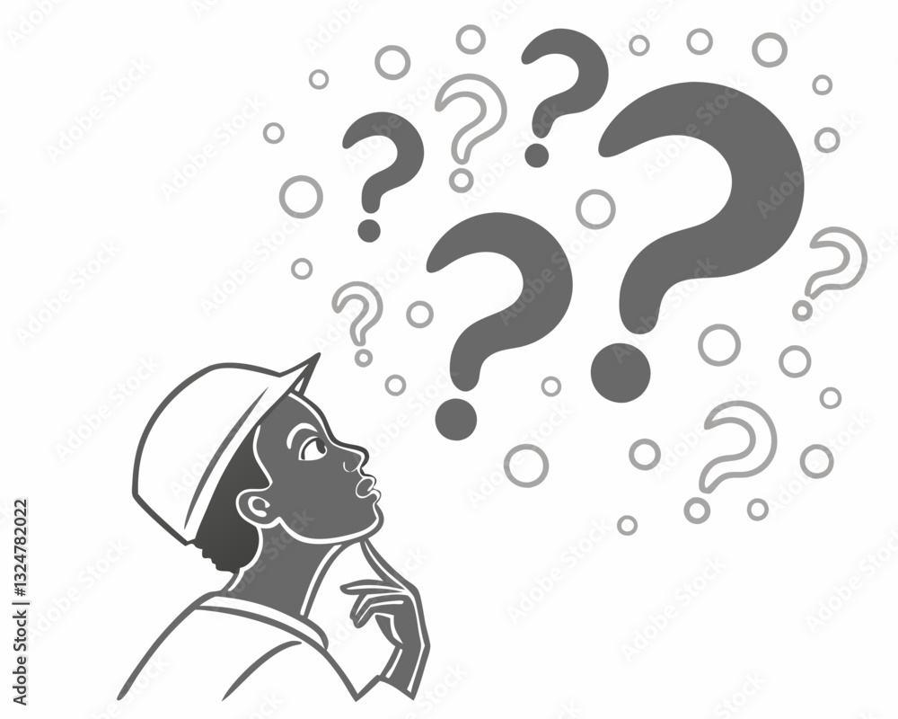 Thinking and Decision-Making Concept – Person in Hard Hat Surrounded by Question Marks Representing Curiosity, Problem-Solving, and Uncertainty Thinking and Decision-Making Concept – Person in Hard Hat Surrounded by Question Marks Representing Curiosity, Problem-Solving, and Uncertainty
