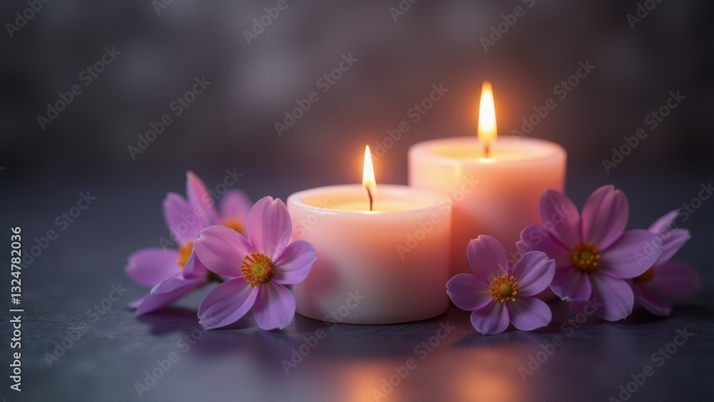 The candles and flowers are set against a backdrop of warm, diffused light, ideal for enhancing home and interior decorative lighting. The candles and flowers are set against a backdrop of warm, diffused light, ideal for enhancing home and interior decorative lighting.