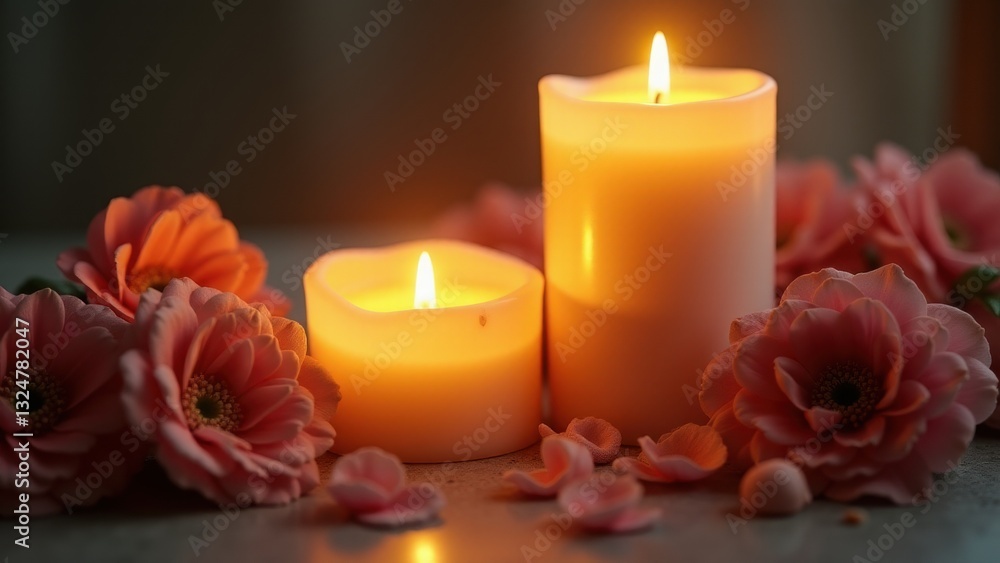 A symmetrical composition of two candles, flanked by sprigs of purple flowers on either side, perfect for home and interior decorative lighting. A symmetrical composition of two candles, flanked by sprigs of purple flowers on either side, perfect for home and interior decorative lighting.
