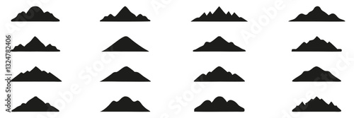 Mountain Silhouette Icon Set. Diverse Mountain Range Shapes And Peaks Silhouette Symbol Collection. Nature, Adventure, And Landscape Design Elements. Isolated Vector Illustration