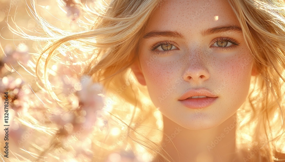 Fototapeta premium Golden Hour Beauty: Freckled Girl in Blossoming Field