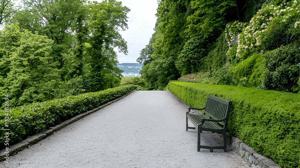 Stone Pathway Leads To A Green Bench Between Lush Green Hedges In An Outdoor Garden Scene Stone Pathway Leads To A Green Bench Between Lush Green Hedges In An Outdoor Garden Scene