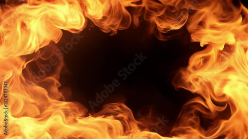 Realistic fire flames burning border frame on black background