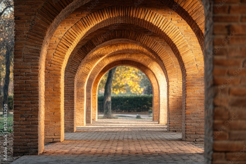 A sunlit brick archway leads to a park, creating a mesmerizing perspective. A sunlit brick archway leads to a park, creating a mesmerizing perspective.