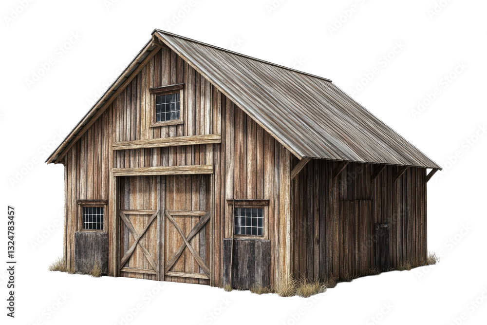 A rustic barn stands alone in a serene twilight landscape, embodying simplicity and charm isolated on transparent background A rustic barn stands alone in a serene twilight landscape, embodying simplicity and charm isolated on transparent background