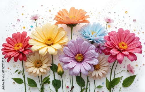 Colorful Gerbera Daisy Flowers with Water Droplets on White Background