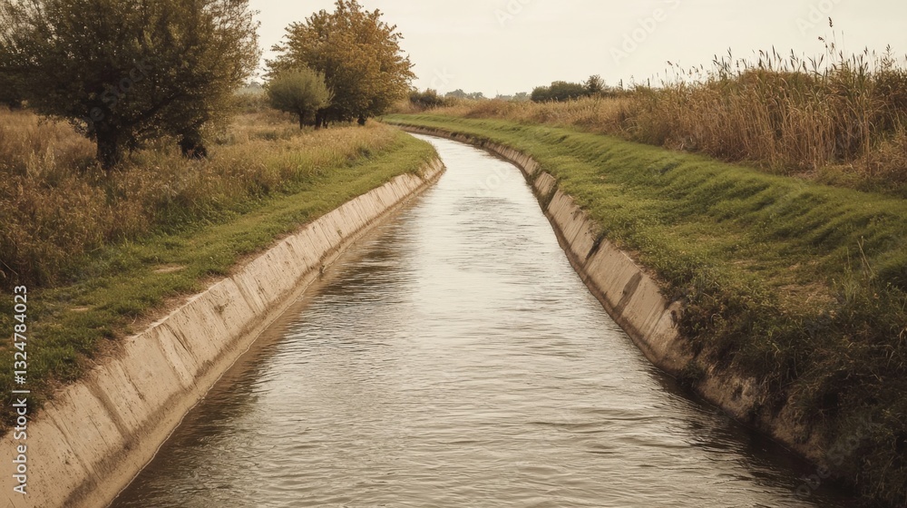Calm irrigation canal flowing through rural landscape.