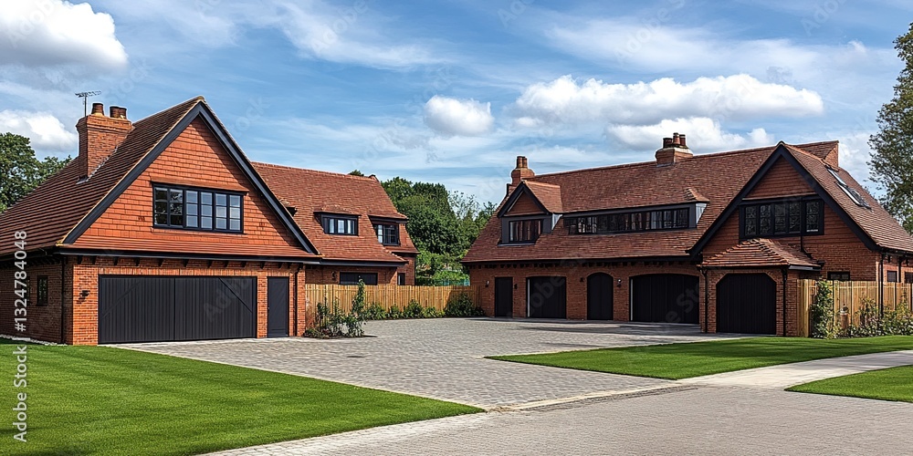 Fototapeta premium A row of modern, newly built brick houses in the UK with a central garage and driveway on an empty street. The bricks used to make these buildings have a dark red coloring