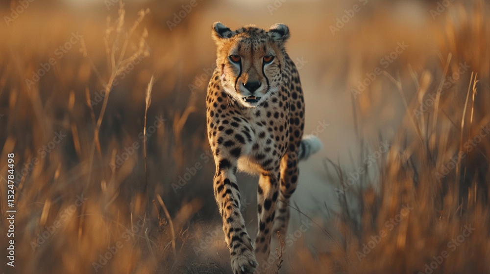 Naklejka premium High-speed action shot of a cheetah sprinting across the African savanna, dust trail, lean muscular body, fastest land animal in motion