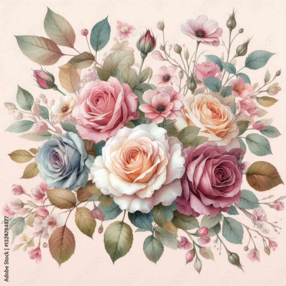 Elegant bouquet featuring roses in pink, peach, and cream shades, adorned with blue and pink flowers, creating a harmonious and vibrant floral display