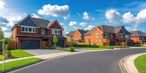 A row of modern, newly built brick houses in the UK with a central garage and driveway on an empty street. The bricks used to make these buildings have a dark red coloring