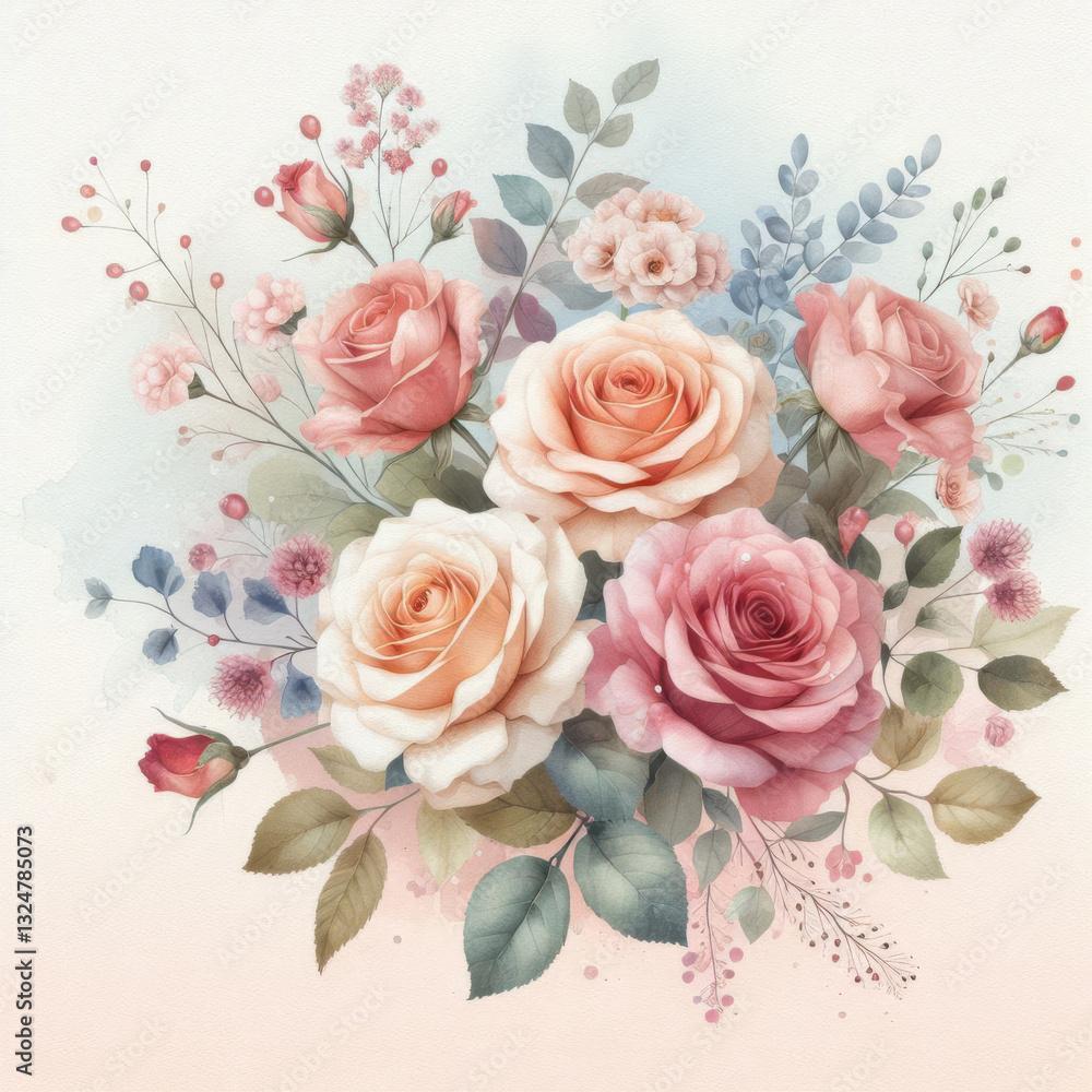 Fototapeta premium Vibrant roses in pink, peach, and cream hues paired with delicate blue and pink flowers create an elegant bouquet on a light backdrop