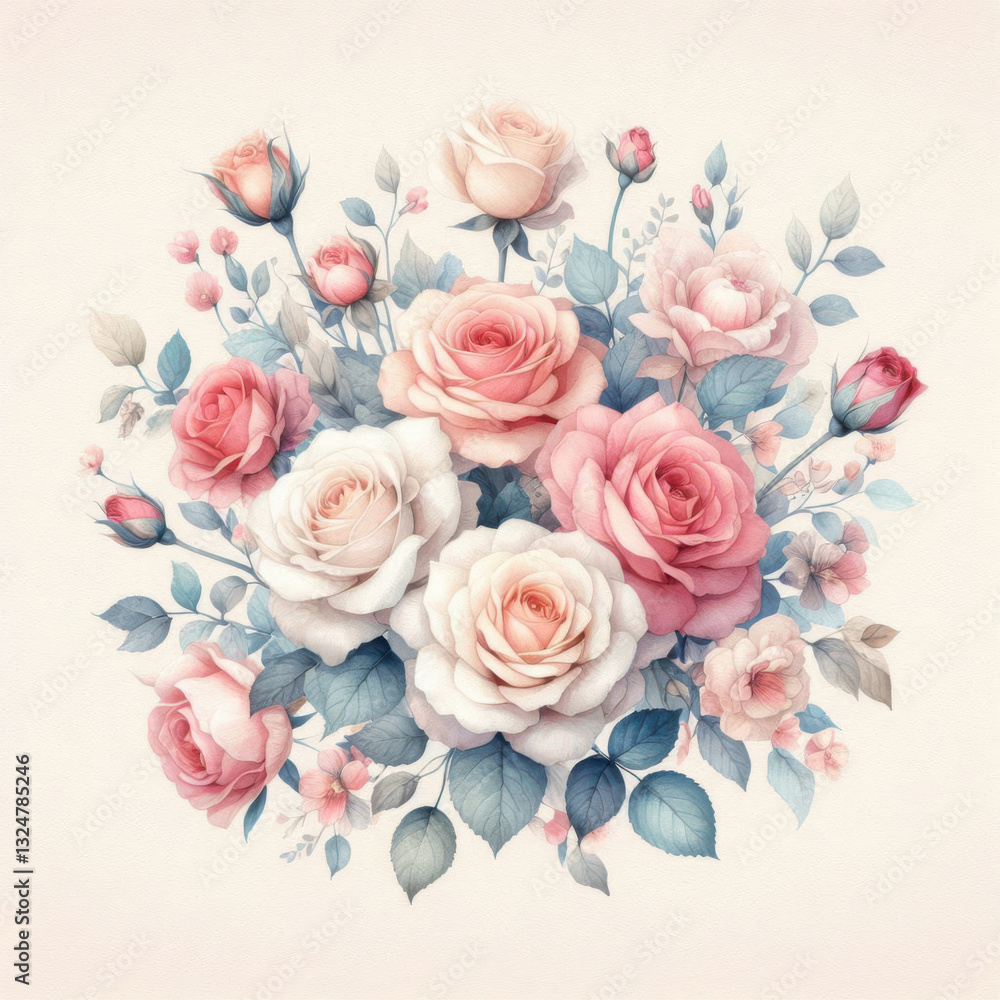 Elegant bouquet of roses in pink, peach, and cream shades, accented with blue and pink blossoms on a light background. Vibrant and harmonious floral artistry Elegant bouquet of roses in pink, peach, and cream shades, accented with blue and pink blossoms on a light background. Vibrant and harmonious floral artistry