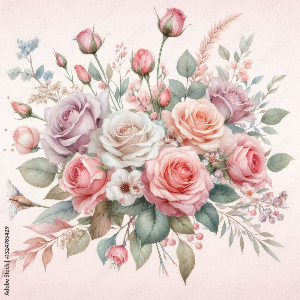 Elegant bouquet of roses in pink, peach, and cream shades, accented with blue and pink blossoms on a light background. Vibrant and harmonious floral artistry Elegant bouquet of roses in pink, peach, and cream shades, accented with blue and pink blossoms on a light background. Vibrant and harmonious floral artistry