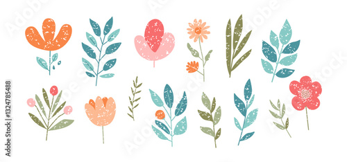 Spring flower crayon icon, cute kid pastel floral set, color chalk childish plant, pencil garden set, bloom and leaf charcoal art isolated on white background. Painting hand drawn vector illustration