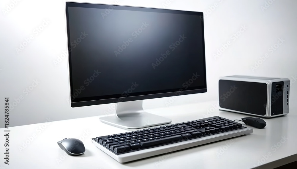 A sleek desktop computer with an empty screen, keyboard, and mouse on the white desk, against a plain background. A sleek desktop computer with an empty screen, keyboard, and mouse on the white desk, against a plain background.