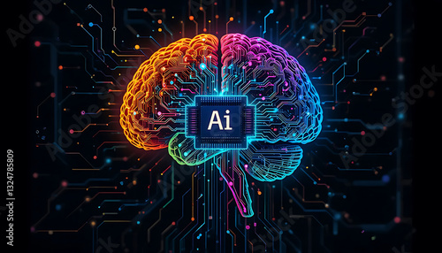 Brain and Circuit Board and ai chip. AI chip. Artificial Intelligence Brain. Neural Network, colorful Human brain connected to electronic microcircuit. AI Technology. Deep Learning. Machine Learning