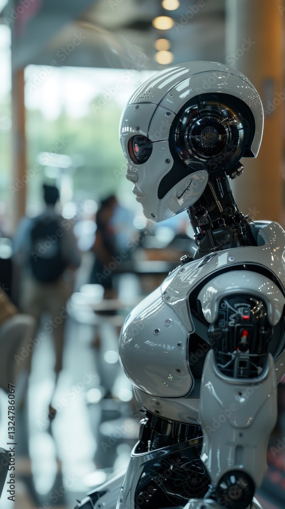 Fototapeta premium Humanoid robot engages with people in a futuristic environment designed for advanced technology interaction