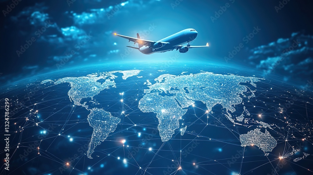A world map with global network connections and an airplane flying above it, representing the international air cargo landscape.