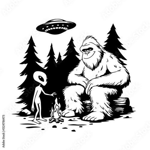 Bigfoot and an extraterrestrial being. The alien is standing beside a small campfire, extending its hand toward the Sasquatch in a gesture of communication or offering warmth.. Vector illustration