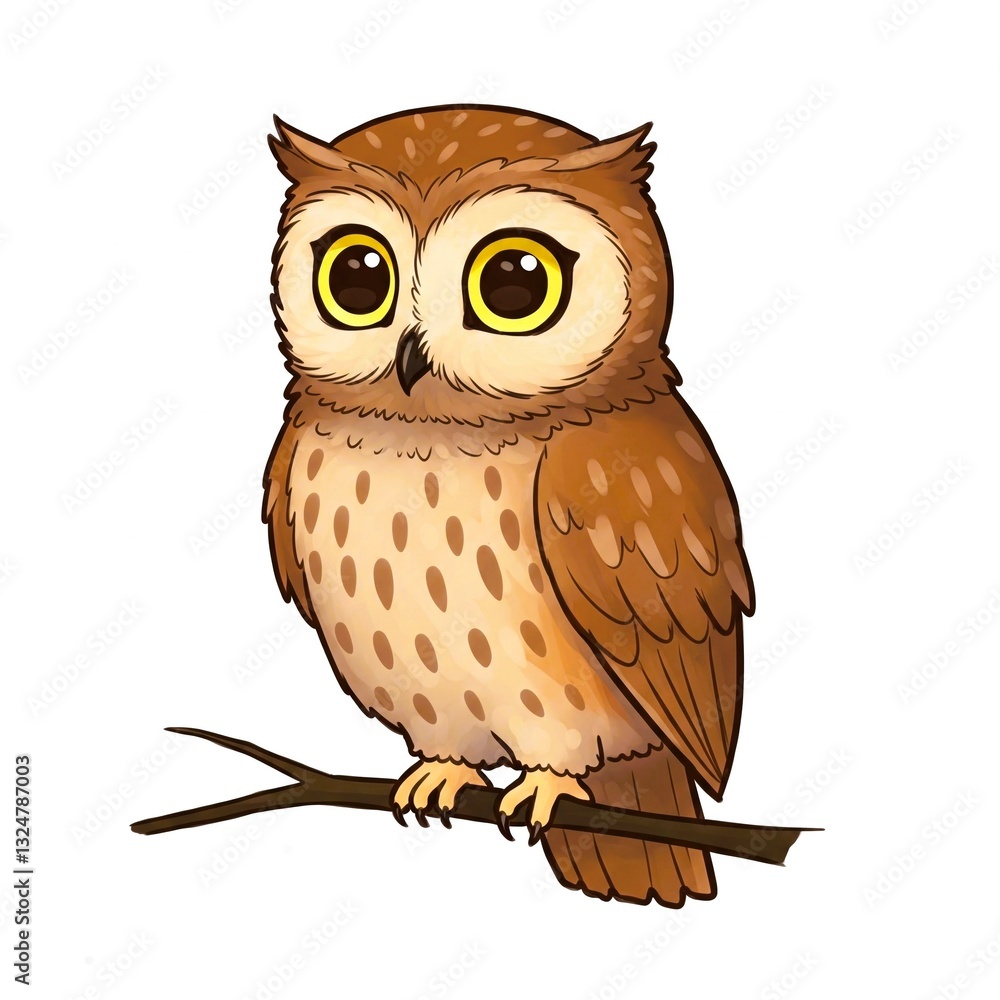 Naklejka premium Cute cartoon owl with big yellow eyes perched on a branch, illustrated in a whimsical style. Perfect for children’s designs, education, or nature themes. 